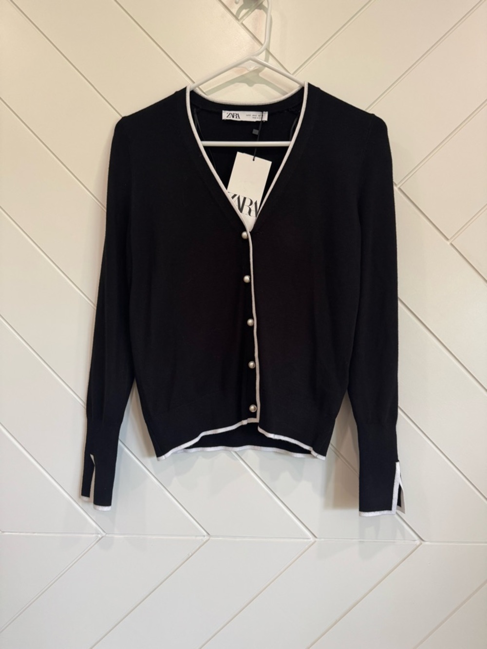 Zara Black V-Neck Cardigan with White Trim